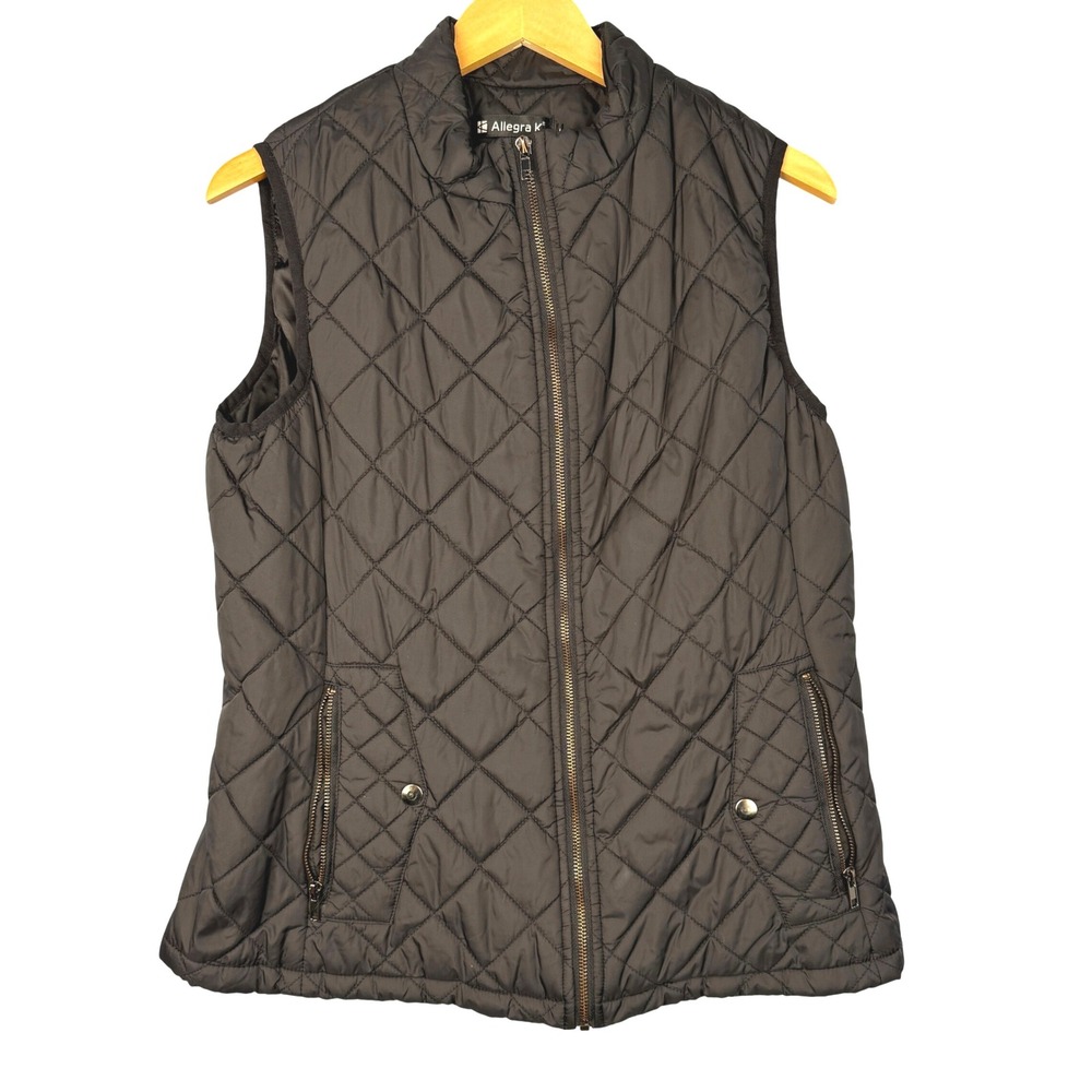 Allegra K Puffer Vest Womens Large Dark‎ Brown Quilted Pockets Full Zip Layering